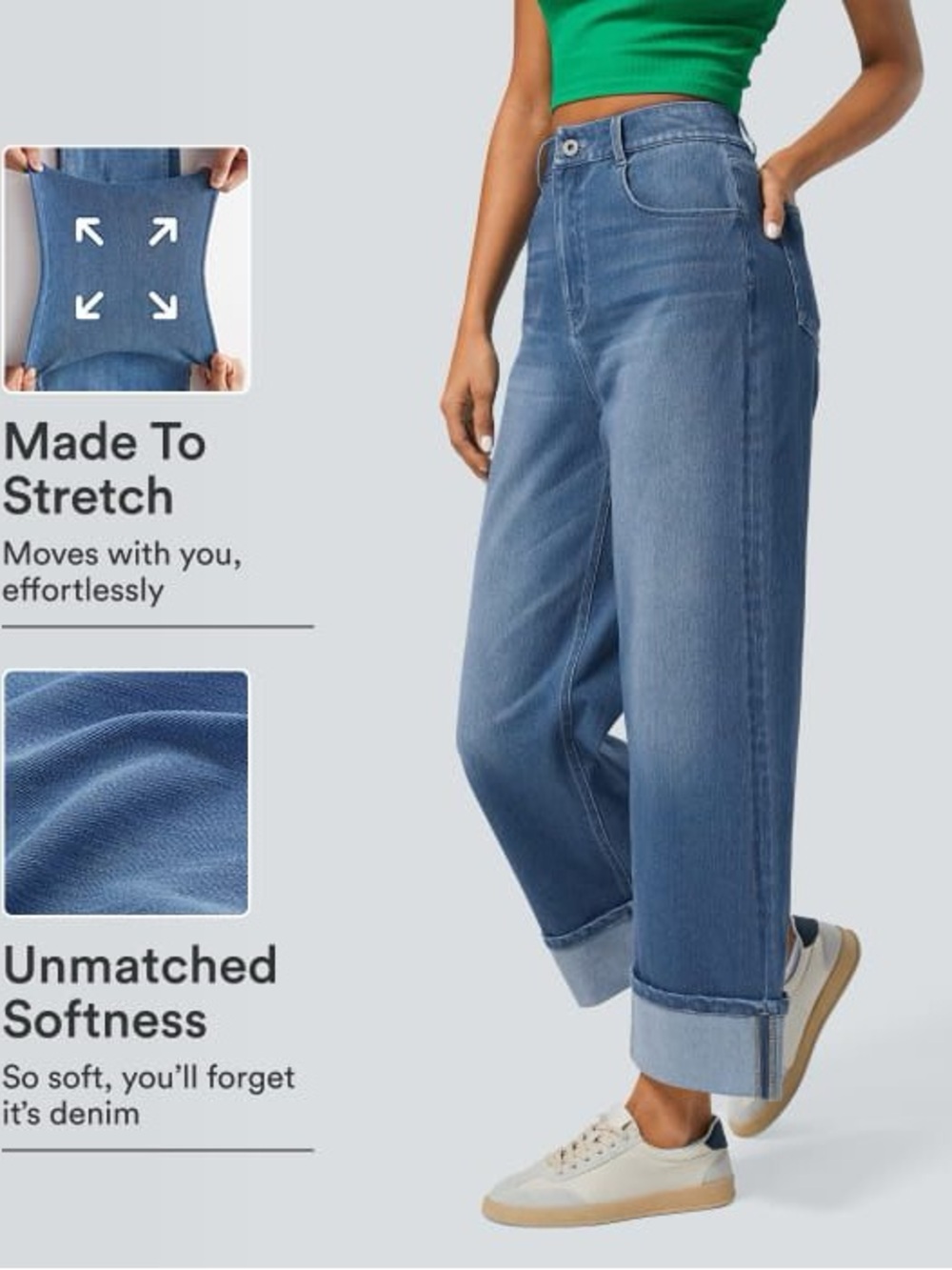 Halara Flex™ High Waisted Pockets Rolled Hem Wide Leg Washed